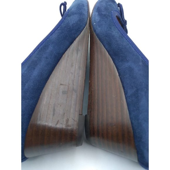 Tory Burch Blue Leather Suede Chelsea Wedge Heels Bow Logo Round Toe 7M - Picture 8 of 15